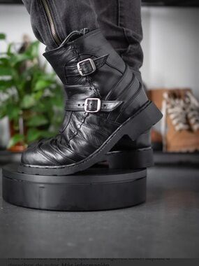 Black Leather Buckle Short Boots - Women's